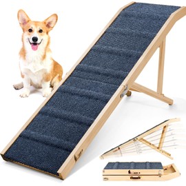 𝟐𝟎𝟐𝟓 𝐔𝐩𝐠𝐫𝐚𝐝𝐞𝐝 Dog Ramp for Bed, 64" Long Foldable Pet Ramp for Small Large Dogs, Dog Ramps for High Beds Car, High Traction with Platform 6 Adjustable Heights 24" to 30" Up to 220LBS, Wood
