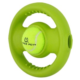 Hyper Pet Hide-N-Squeak Wheel Dog Toy Rubber Wheel and Tennis Ball Fetch Chew Toy for Dogs Interactive Treat Toy