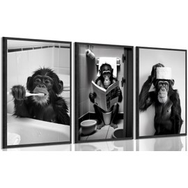 3Pcs Bathroom Orangutan Canvas Wall Art Cute Monkey Bathroom Wall Decor Funny Black and white Animal Painting Print Artwork Toilet Maximalist Pictures 12x16in