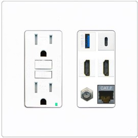 RiteAV USB 3 USB C 2 HDMI Coax Cat7 Wall Plate - GFCI [Screwless White]