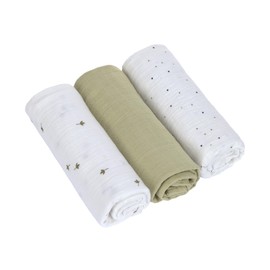 LÄSSIG Baby Swaddling Blanket Burp Blanket Muslin Cloth Set of 3 Cotton 85 x 85 cm Swaddle & Burp Blanket L Leave Olive