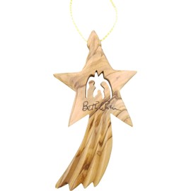 Shooting Star and Christmas Nativity, Olive Wood 3.75", Holy Land Olive Wood Hanging Ornament from Israel, Wooden Christmas Tree Ornament with Golden String, Made in Bethlehem