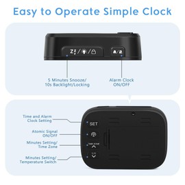 Geevon Small Digital Atomic Alarm Clock for Bedroom, Portable Battery Operated Travel Desk Clock for Heavy Sleepers, with 10s Backlight, Temperature, 3 Inch Display, Black