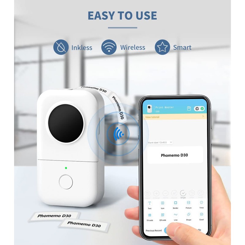 Phomemo D30 Label Printer Machine, Portable Bluetooth Mini Labelling Device,