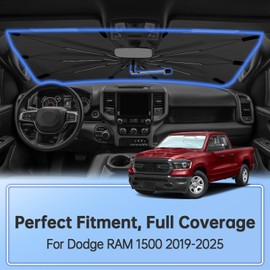 Windshield Sun Shade Umbrella for Dodge RAM 1500 2019-2025, Foldable Sunshade for Car Front Window, 360 Rotation Automotive Interior UV Protection for Outdoor Parking, Keep Car Cool