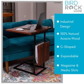 BIRDROCK HOME Acacia Wood Expandable C Shaped Side Table with Phone & Tablet Stand - Laptop TV Tray - Couch Desk - Bed Sofa Snack End Table - Living Room Chair