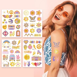 Qpout Temporäre Hippie-Tattoos für Kinder und Erwachsene, Groovy Hippie Temporäre Tattoos, Groovy 70er Jahre Peace and Love Flower Power Geburtstagsparty Geschenktütenfüller