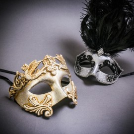ILOVEMASKS Silver Roman Warrior & Silver Top Feather Mardi Gras Venetian Couple Party Masks