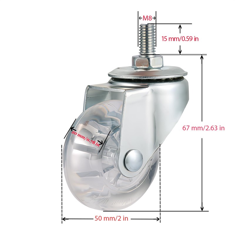 2 Inch Clear Swivel Caster Wheels, M8×15 Threaded Stem, 77
