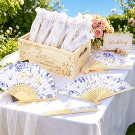 Aneco 50 Pieces Wedding Foldable Hand Fans Floral Handheld Paper Fans with Organza Bags and Storage Basket Folding Fans for Wedding Guests Bridal Shower Bridesmaid Gifts