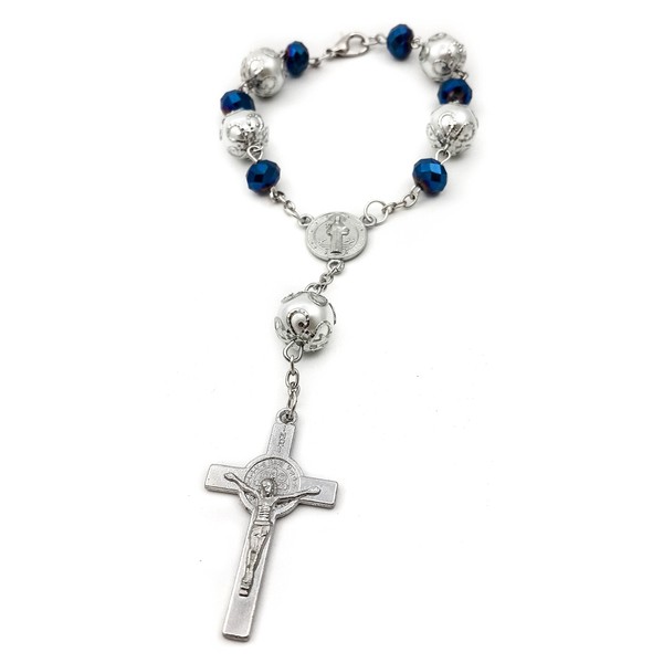 Blue Beads St Benedict Car Rosary Protection Charm Medal Cross Crystal Beaded Auto Mirror Rearview Amulet