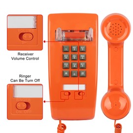 Sangyn Retro Wall Phones for Landline with Loud Mechanical Ringing Vintage Wall Mount Phone with Volume Adjustable Old Fashioned Corded Telephone for Kitchen Home School Hotel Office, Orange