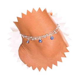 Iaceble Boho Evil Eye Anklet Bracelet Layered Silver Chain Anklet Turkish Eyes Anklet Bracelets Beach Blue Eye Pendant Foot Chain Jewelry for Women
