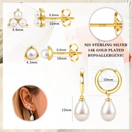 Dochais 3 Pairs 925 Sterling Silver Earrings for Women 14K Gold Stud Huggie Hoop Earring 5A Zirconia Gold Earrings Stacks Hypoallergenic Cartilage Earring Set for Multiple Piercings Jewelry Gift
