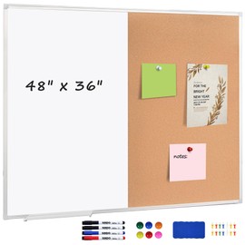 Cork Bulletin Board, 48 X 32 Inches White Magnetic Dry Erase Board, Large Wall Mounted Message Vision Notice Memo Pin Board for Office, Home and School