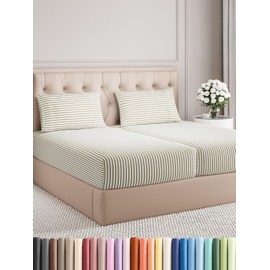 Split King Size 5 Piece Sheet Set - Comfy Breathable & Cooling Bed Sheets Set - Hotel Luxury Bedding for Women, Men, Kids, Teens, Boys & Girls - Deep Pockets, Soft and Wrinkle Free - Beige Stripes 2