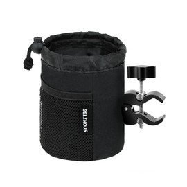 Belinous Motorcycle Cup Holder with 0.75"-1.5" Alligator Clamp, Drink Holder up to 24oz with Mesh Pockets, Universal Water Bottle Holder for Motorcycle, Bicycle, ATV, Wheelchair, e-Bike, Boat (Black)