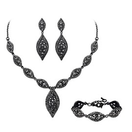 Flyonce Wedding Jewelry Set Rhinestone Crystal Bridal Leaf Necklace Drop Dangle Chandelier Earrings Set Charcoal Grey