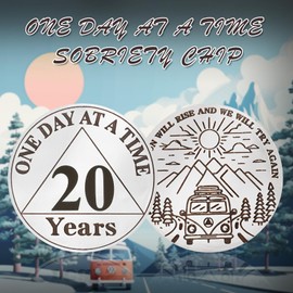 IELCJJ 20 Year Sobriety Coin - One Day at A Time Sobriety Token - Triplate AA Cions and Medallions - Alcoholics Anonymous Recovery Gifts for Men Women Sober Chip with PU Leather Keychain