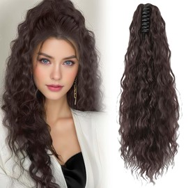 Echthaar Extensions Clip Lang 26in, Extensions Echthaar Lange Wellig Lockig Haarextension, Haarverlängerung Messy Bun Haarteile für Damen Mädchen Pferdeschwanz (Braun)