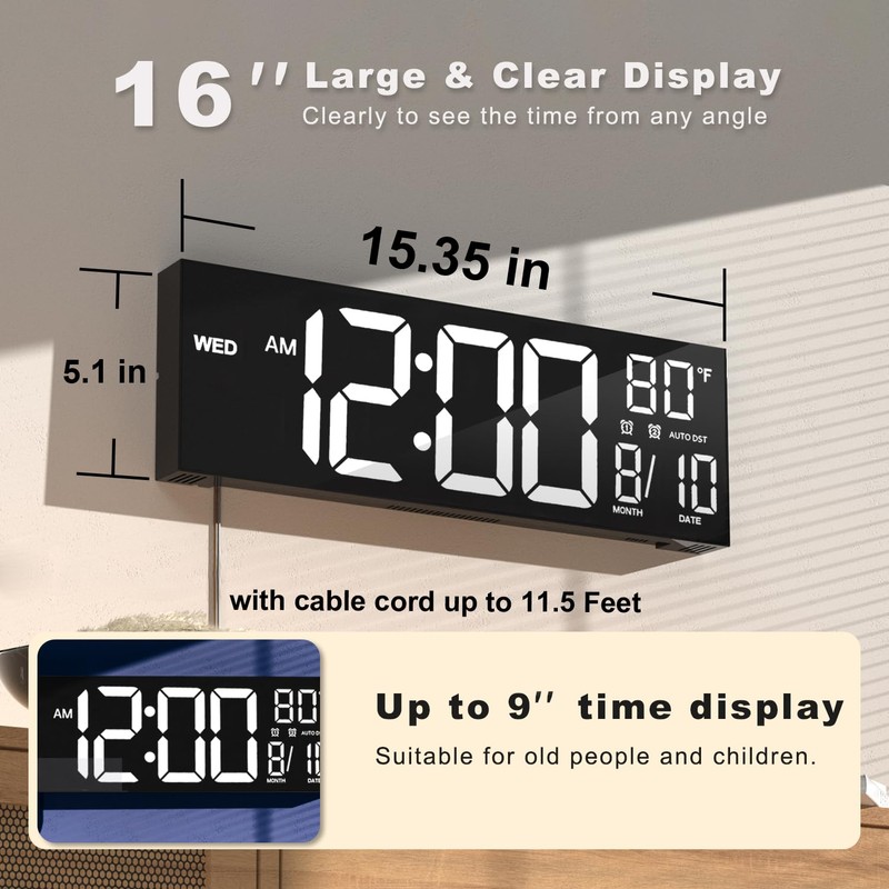 JALL 16" Large Digital Wall Mount Clock, Count Down Timer,