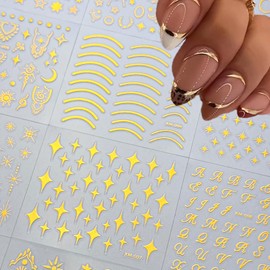 30 Sheets Gold Star Nail Art Stickers 3D Self-Adhesive Gold Line Nail Decals Star Moon Nails Designs for Women Manicure Tips