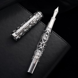 HONG DIAN D1 Piston Fountain Pen Extra Fine Nib, Hollow Skeleton & Resin Pen with Metal Case Set (Silver)