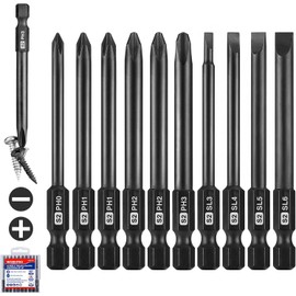 WORKPRO 10pcs Slotted Phillips Screwdriver Bit Set, S2 Steel Magnetic Screwdriver Bits Set, CNC Machined Tips, 1/4 Inch Hex Shank Driver Bits, 3 Inch Long Screwdriver Bits Set with Storage Box