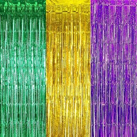 IGUO 3pcs Green Gold Purple Tinsel Foil Fringe Curtains Decorations,3.2ft x 8.3ft Curtain Mardi Gras Foil Curtains Photo Booth Prop Streamer Backdrop for Purple Green Day Birthday Party