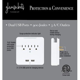 Glamsockets Decorative Wall Mount Surge Protector with 3 Outlets, Dual USB Charging Ports and Phone Holder - USB Charging Center/Multi Function Wall Tap (Abstract Vines)