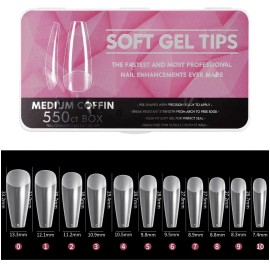 Elevate Gel X  Apres Clear  Coffin Medium Tips Box 11 Sizes 550 Pc