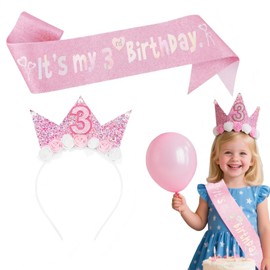 HUSHRICH Baby Girls 3rd Birthday Headband and Sash, Princess Girls Third Birthday Tiara Sash Set, Adjustable 3rd Birthdays Headpiece for Baby Girls Age 3 Birthdays Party Decoration Gifts Pink