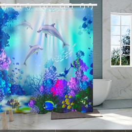 HEYOMART Shower Curtain Heavy Duty Polyester Fabric Waterproof Shower Curtain Liner, 3D Digital Painting Pattern for Shower Stall, Bathroom Curtains with 12 PCS Hooks (180x180cm, Dolphins-F)