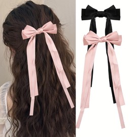 Hair Bow Clips for Women Pink Black Satin Hair Bows Tassel Ribbon Bowknot Hair Clips with Long Tail Ponytail Holders for Women Bow Ribbon Hair Clip Hair Bows Barrettes for Girls