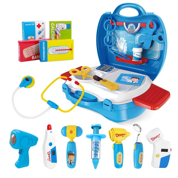 iBaseToy Doctor Kit for Kids, 27Pcs Pretend Medical Doctor Medical Playset with Electronic Stethoscope, Medical Kits Gift, Educational Doctor Toys for Toddler Boys Girls (Blue)