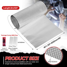 Exhaust Heat Shield Automotive, 40" x 120" Heavy Duty Aluminum Heat Shield with Zip Ties & Scissors, 0.5mm Flexible Car Heat Shield for Muffler, Pipe, Underbody, Up to 1022°F