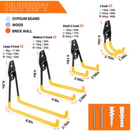 HUPBIPY 12 Pack Garage Hooks Heavy Duty Utility Steel with Anti-Slip Coating Wall Mount Storage Organizer for Hanging Power and Garden Tools, Ladders, Hose, Bikes, Ropes, Bulk Items, and More