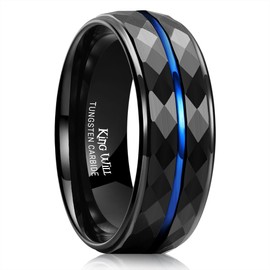 King Will Mens Hammered Wedding Rings 8mm Black Tugnsten Wedding Band for Men 8mm Two Tone Blue Groove Center Stepped Edges Matte Brushed Finish Craftsman Collection Size 13
