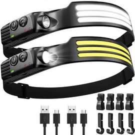 Linterna frontal de 2 piezas, linterna frontal LED de detección inteligente,linterna frontal con iluminación gran angular de 230°,peso ultraligero, carga USB,resistente al agua (Faro - 3 bar)
