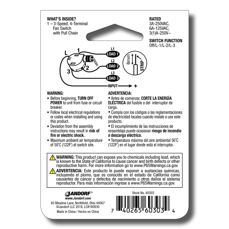Fan/Light Switch, 3-Speed, 4-Wire: Durable Plastic for Reliable Control