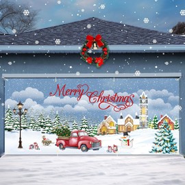 Merry Christmas Garage Door Cover Decorations, Winter Snowman Red Vintage Truck Pine Tree Garage Door Backdrop Banner, Rustic Farmhouse Xmas Holiday Garage Banner Outdoor Party Decoration 16 x 7 FT