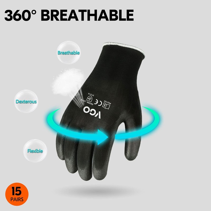 Vgo... 15Pairs Safety Work Gloves,Gardening Gloves,Polyurethane Coated,Dipping Gloves,Latex Free(Size M,Black,PU2103)