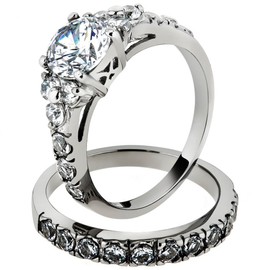 Marimor Jewelry His and Her Stainless Steel 2.50 Carat Cubic Zirconia Bridal Set and Men's Titanium Wedding Band Women's Size 08 Men's Size 10