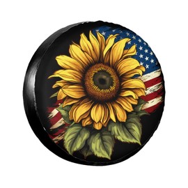 Spare Tire Cover USA Flag on Sunflower Spare Tire Covers Weatherproof & Dustproof Wheel Protectors Universal Fit for Rv Trailer SUV Truck Camper Travel 17 Inch with No Camera Hole