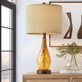 OYEARS 23" USB A+C Table Lamp for Bedroom Living Room Modern Bedside Lamps Retro Farmhouse Rattan Glass Nightstand Nightlight Lamps (Amber)