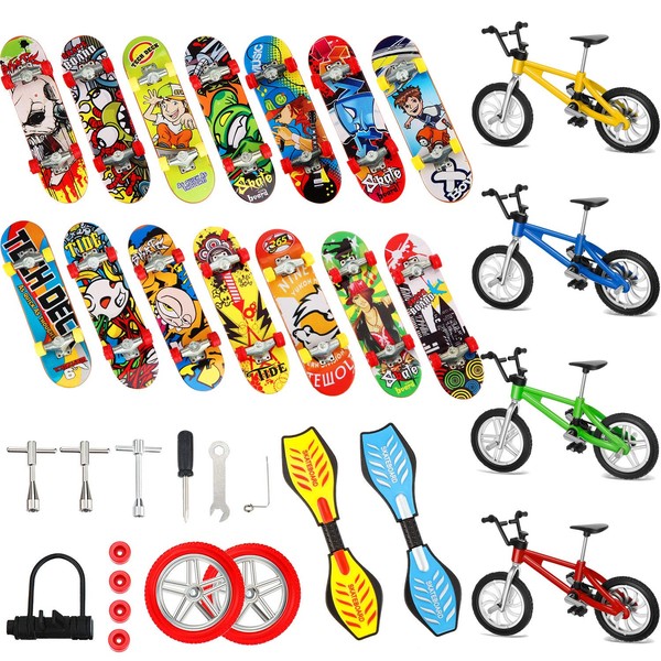 31 Pieces Mini Finger Toys Set Finger Skateboards for Kids Mini Finger Bikes Tiny Swing Board with Replacement Wheels and Tools Fingertip Movement Party Favors for Kids Gifts for Ages 6 and up
