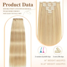 HotLulana Clip-In Real Hair Extensions, 7 Pieces, 45 cm, 120 g, Invisible Remy Real Hair Extensions, Clip-In Extensions, Skin Weft Natural Hair Extensions, P18K/613#