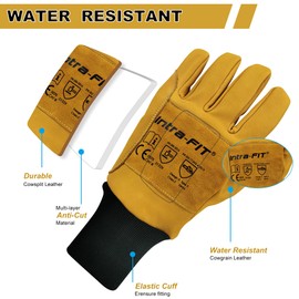 Intra-FIT Chainsaw Protection Gloves, Chainsaw Gloves with Left Hand Protection, Safety Forestry Gloves Made of Water Resistant Cowhide Leather, Class 2, EN ISO 11393-4, EN 388: 3132X, Size L