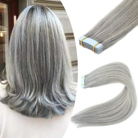 Fenicy Gray Hair Extensions Tape in Real Human Hair Seamless Skin Wefts Invisible Tape-on Hair Extensions Silky Straight Color Grey 16inch20pcs
