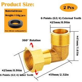 2 pieces brass movable screw connection G3/4 inch, DN20 brass angle 90°, G3/4 inch IG/AG screw connection angle fitting, 2 pieces with seal, for water installations and central heating systems